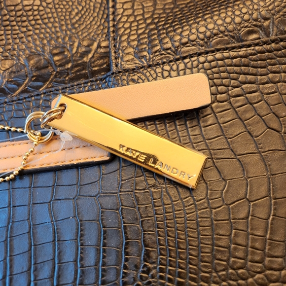 Kate Landry Elegant Black Crocodile Tote Bag Tan Handles End Pockets - Picture 4 of 16